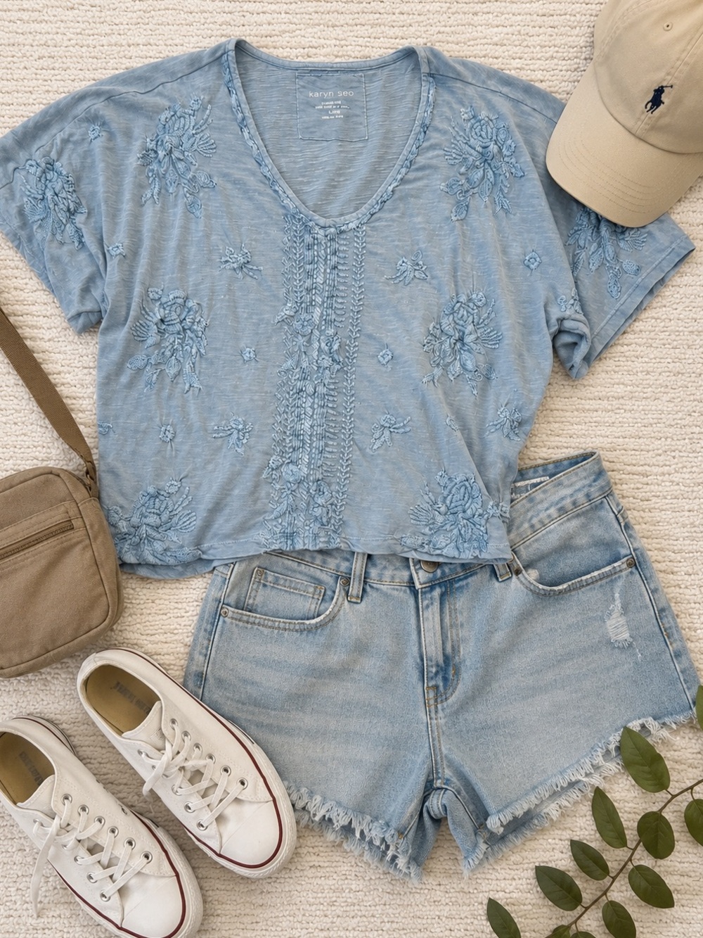 Karyn Seo Blue Embroidered Cotton Boho Top Large Floral V-Neck